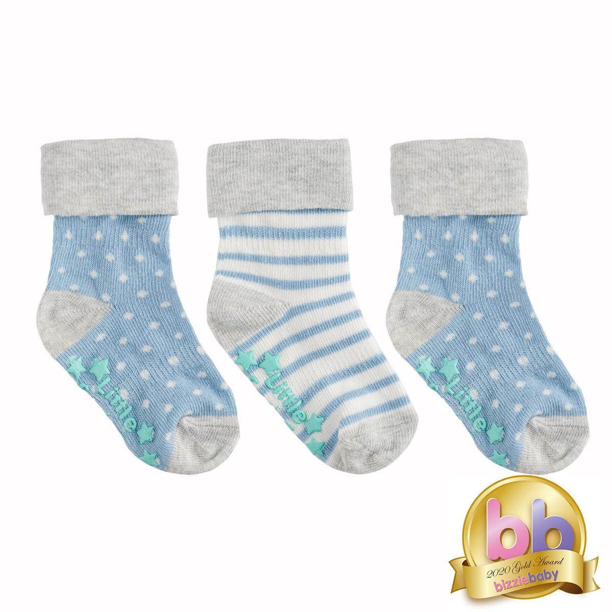 Non-Slip Stay On Baby and Toddler Socks - 3 Pack in Light Blues