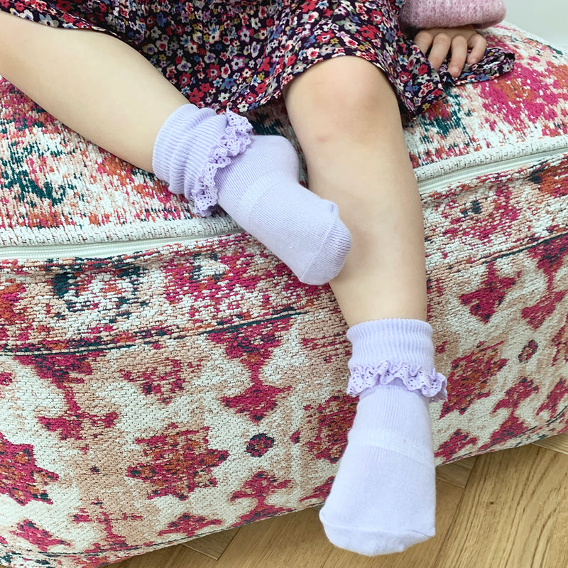 Frilly Non-Slip Stay-On Baby and Toddler Socks - 3 Pack in Amethyst, White and Pink Lemonade