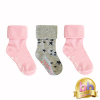 Non-Slip Stay On Baby and Toddler Socks - 3 Pack in Fairy Tale Pink & Grey Star
