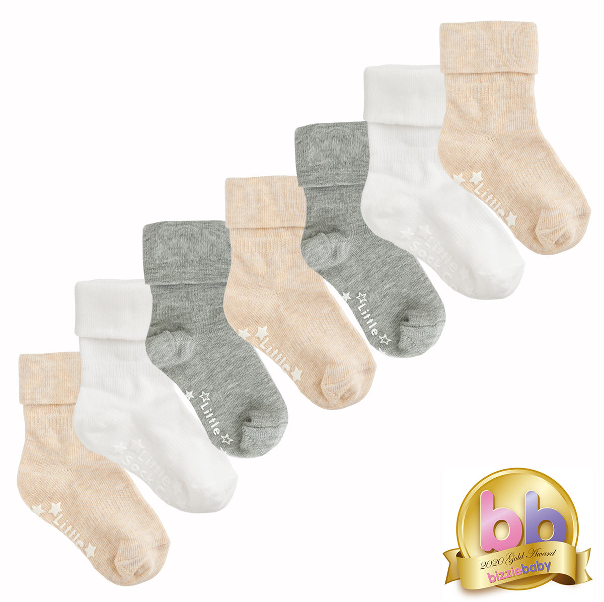 Non-Slip Stay On Baby and Toddler Socks - 7 Pack in Grey Marl, Oat and White