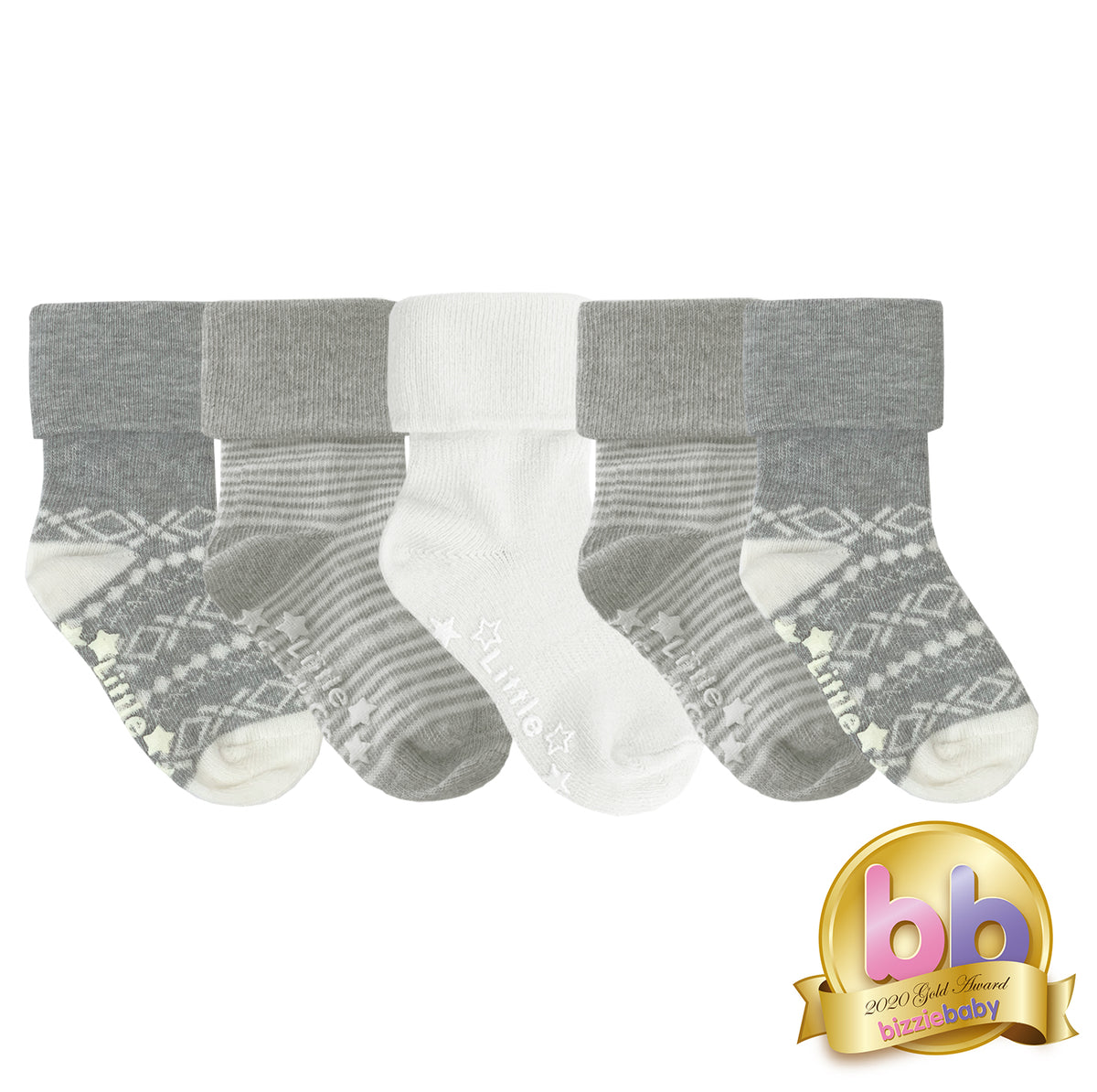 Non-Slip Stay on Baby and Toddler Socks - 5 Pack in Nordic, Grey & Marshmallow White