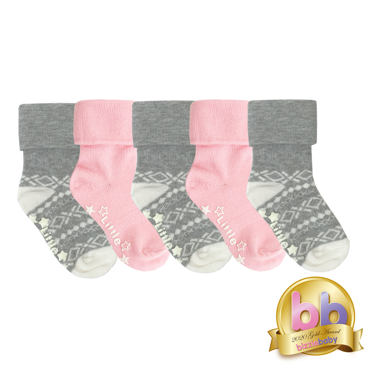 Non-Slip Stay on Baby and Toddler Socks - 5 Pack in Fairy Tale Pink, Grey and Nordic