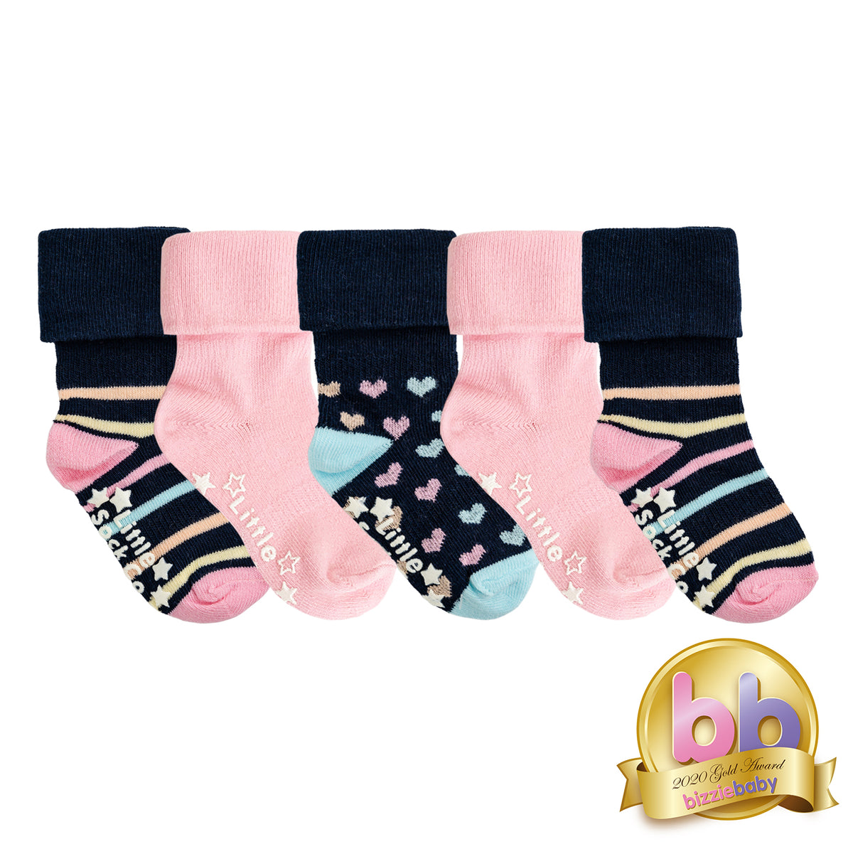 OUTLET - Non-Slip Stay On Baby and Toddler Socks - 5 Pack in Navy Rainbow, Navy hearts & Pink