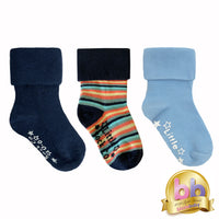Non-Slip Stay On Baby and Toddler Socks - 3 Pack in Smarty Stripe, Blue & Navy