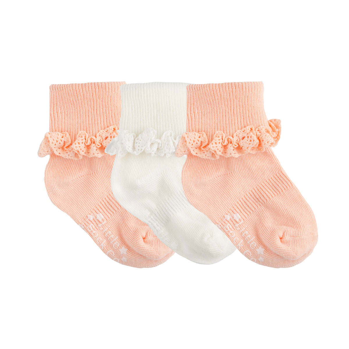 Frilly Non-Slip Stay-On Baby and Toddler Socks - 3 Pack in Peaches 'n' Cream and Pearl White
