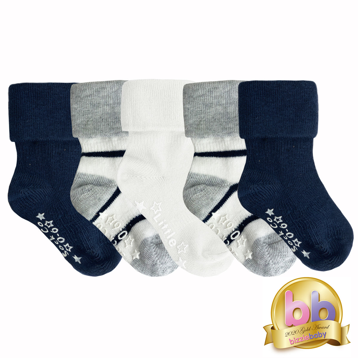 Non-Slip Stay on Baby and Toddler Socks - 5 Pack in Navy, Wide Stripe & White